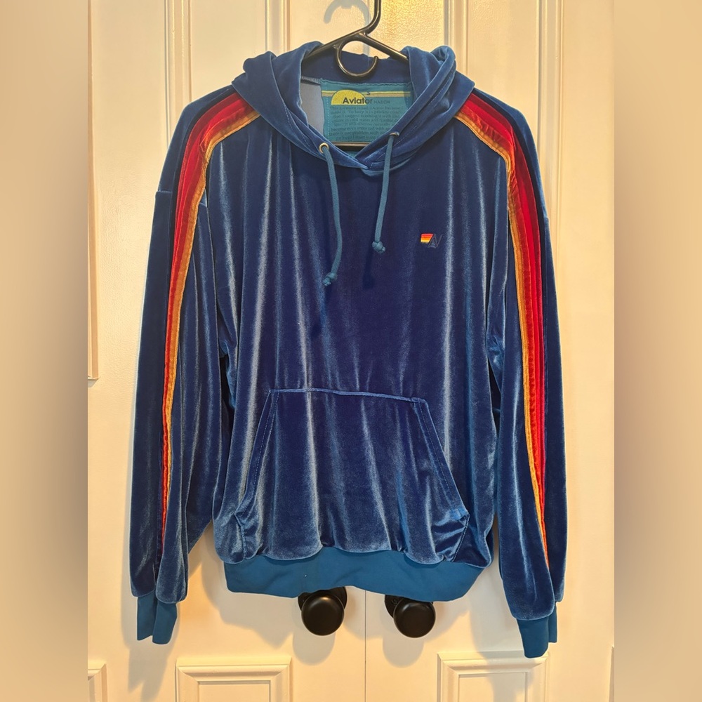 Aviator Nation Teal Velour Hoodie with Red & Yellow Sleeve Stripes - Picture 3 of 5